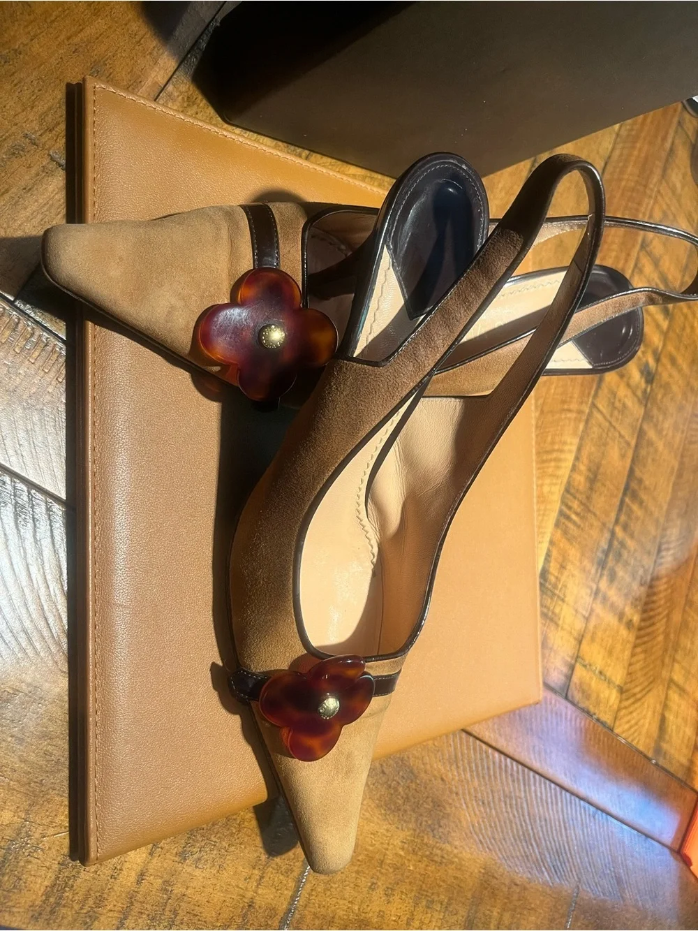 Louis Vuitton Vintage Camel Brown Slingback Kitten Heels with Floral Accent